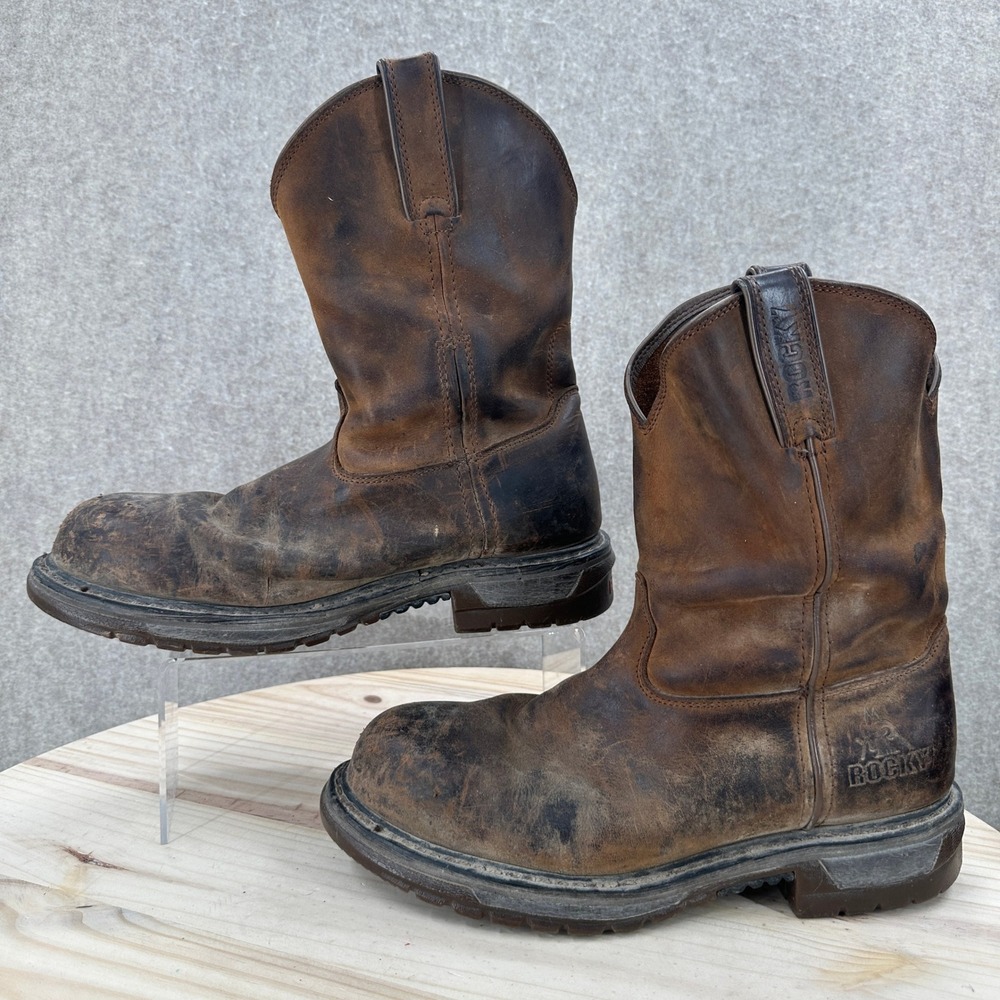 Rocky Work Boots Mens 9.5M Brown Distressed Leather Pull On Safety Toe